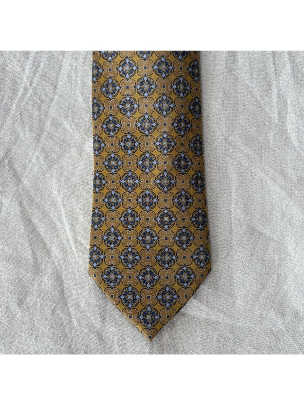 Brioni 100% Silk Geometric Medallion Necktie Gold Blue Handmade in Italy Luxury